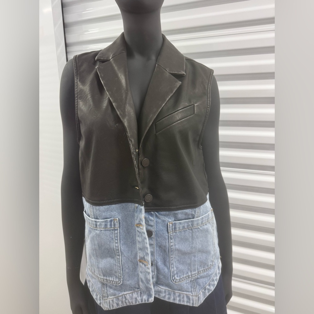 NWT BLANK NYC Black Leather-Look Button Front Vest with Light Blue Denim Pockets